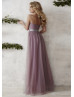 A-line Sweetheart Neck Mauve Ruched Tulle Bridesmaid Dress With Beaded Sash